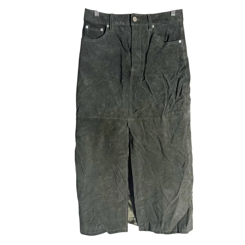 BlankNYC Hunter Green Retro Suede Leather Front Slit Pencil Midi Skirt Size 27 - Picture 4 of 16